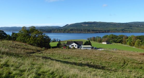 Self-catering Cottages at Barr-beithe holiday cottages in a field with loch and tree covered hills