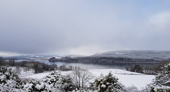 Wintery view over Loch Awe from the master Bedroom at Barr-beithe Upper, just lovely Argyll Scenery snow covered fields and a scottish loch