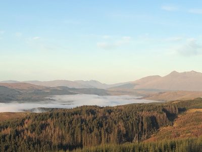 Mist hanging over Loch Awe, below Ben Cruachan