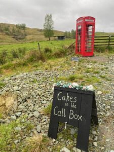 Telephone kiosk by a field with sign saying cakes in the call box